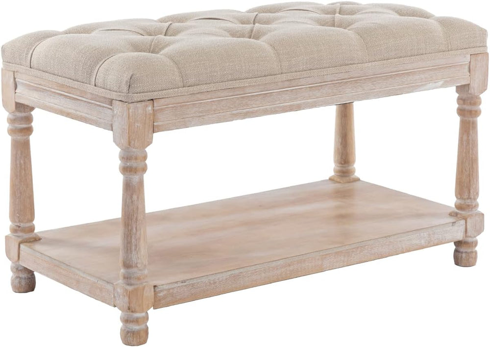 Farmhouse Storage Bench Wooden Entryway Linen Upholstered Ottoman Button Tuft...