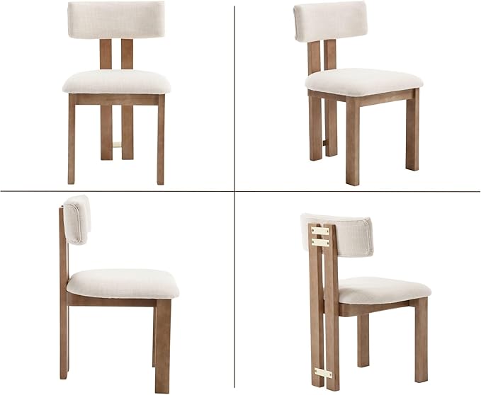 HNY Modern Farmhouse Linen Dining Chairs Set of 2, Beige Fabric Upholstered Dining Room Kitchen Chairs with Natural Wood Frame & Curved-Back, Armless Accent Wood Chairs for Dining Living Room
