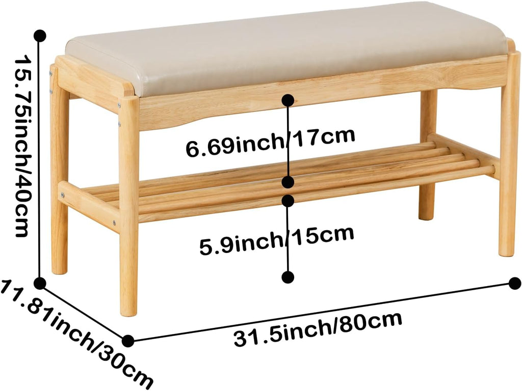 SOBIBO 2-Tier Entryway Shoe Rack Bench, Rubber Wood, Beige & Natural, 31.5" | 8–12 Pairs Capacity, Double-layer Storage, High-density Sponge Cushion, Ideal for Entryway, Hallway, Bedroom