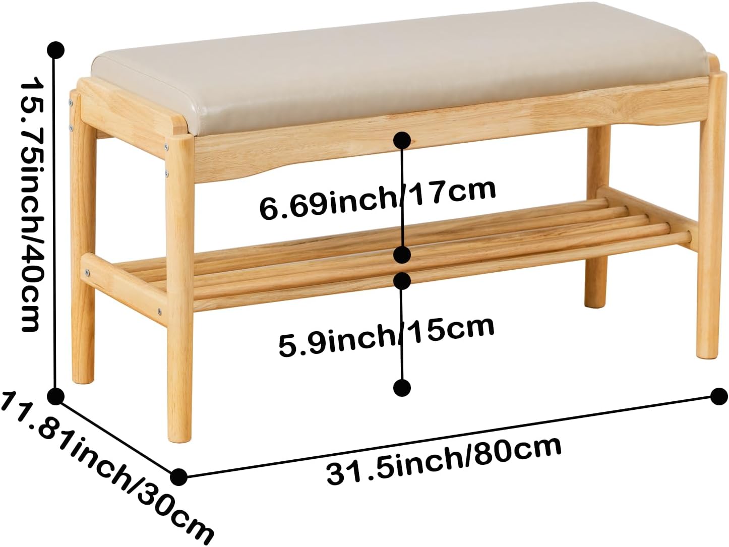 SOBIBO 2-Tier Entryway Shoe Rack Bench, Rubber Wood, Beige & Natural, 31.5" | 8–12 Pairs Capacity, Double-layer Storage, High-density Sponge Cushion, Ideal for Entryway, Hallway, Bedroom