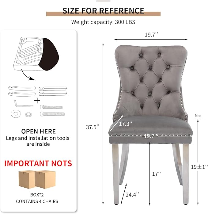 Mid Century Modern Dining Chairs Set of 4, Grey Velvet Upholstered Tufted Back, Kitchen & Dining Room Chairs, Brushed Silver Metal Legs, Nailhead Trim, Sillas para Comedor (Gray, 4 Pcs)