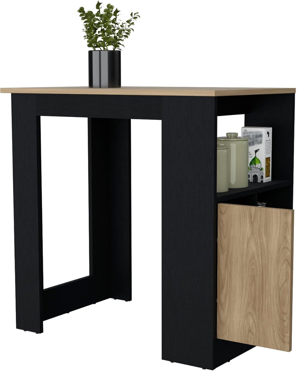 Kitchen Island with Door and Open Storage, Black/Natural Oak | Melamine kitch...