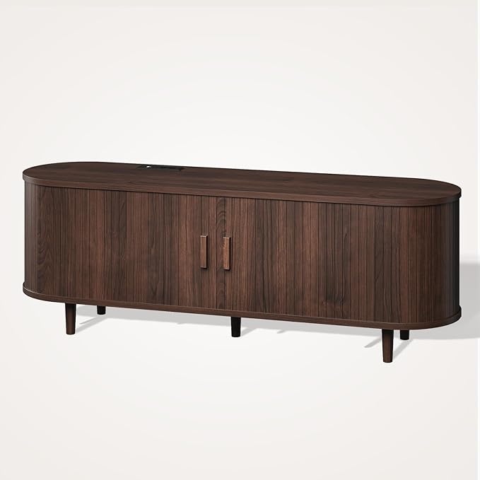 58" Mid Century Modern TV Stand, Wood TV Consoles with Sliding Doors and Power Outlet, Entertainment Center with Adjustable Shelves, Fluted TV Stands for Living Room, Walnut