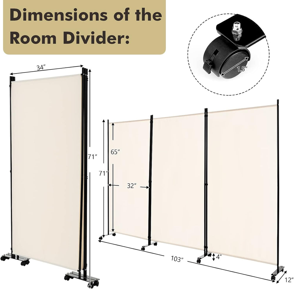 Giantex 3 Panel Folding Room Divider with Wheels, 103" x 71", Beige