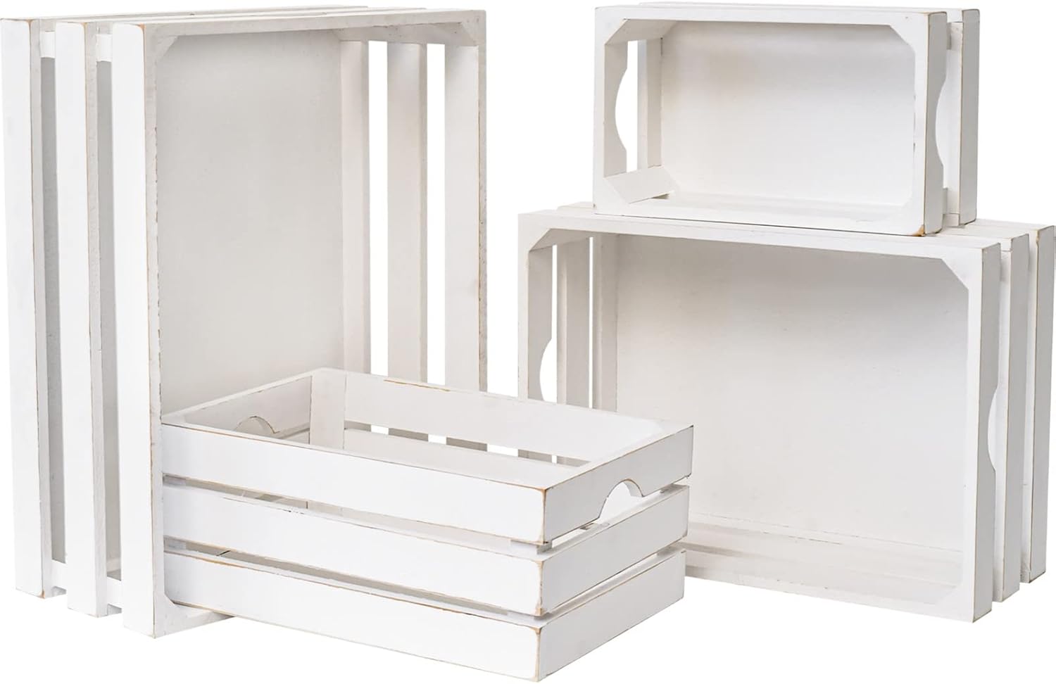 Set of 4 Large Wooden Crates Decorative, Whitewashed Nesting Wooden Crates for Display Rustic, Farmhouse Wooden Storage Container Boxes Made from 100% Wood