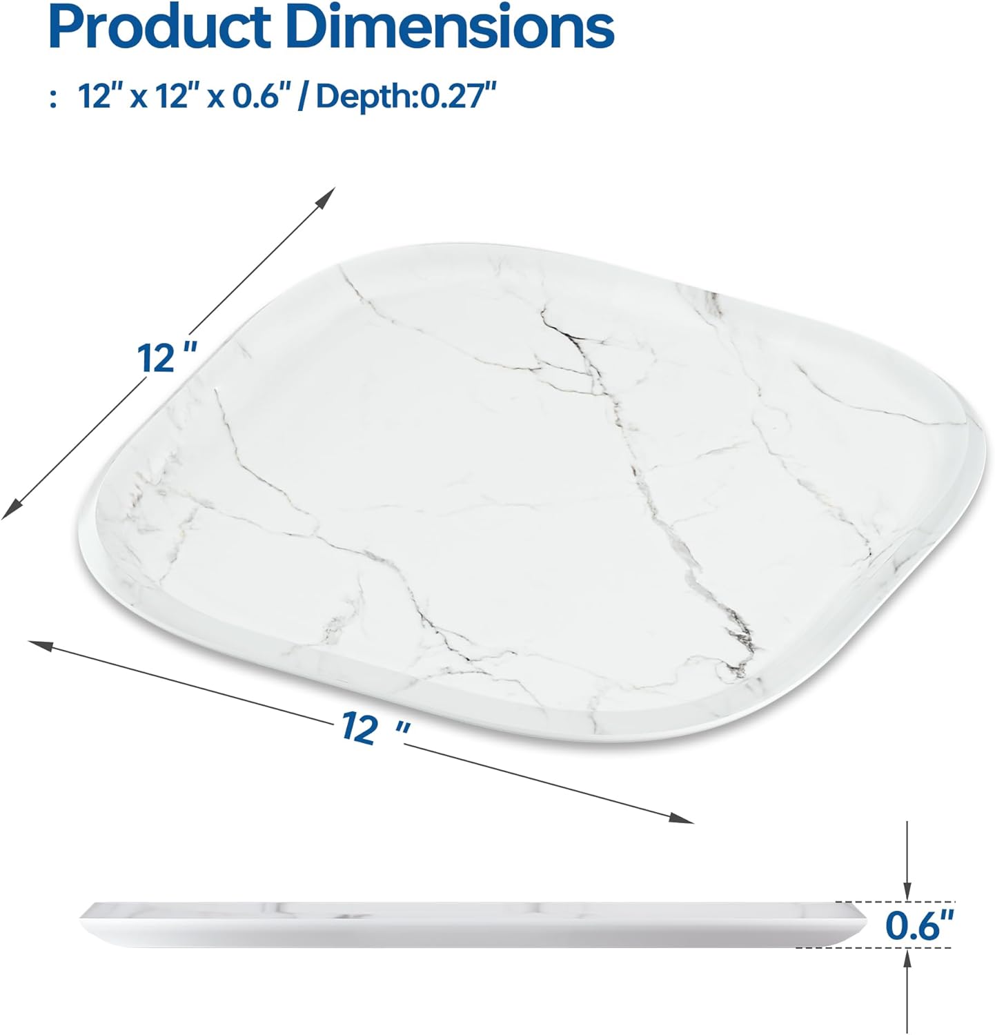 Vanity Decorative Tray, 12" x 12" White Marble Pattern Perfume Tray, Bathroom Tray Countertop Organizer for Soap Towel, Jewelry, Candle