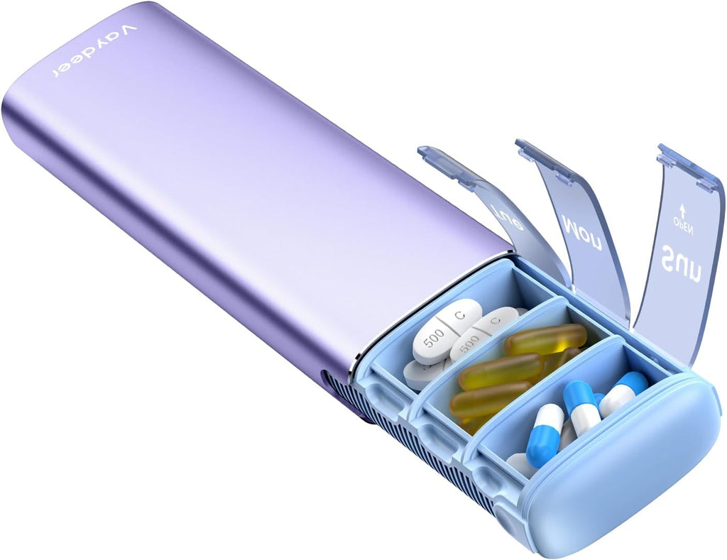 Vaydeer Metal Travel Pill Organizer – Compact Weekly Pill Box for Daily Medication – Portable Small Pill Case for Vitamins, Pills & Supplements (Purple)