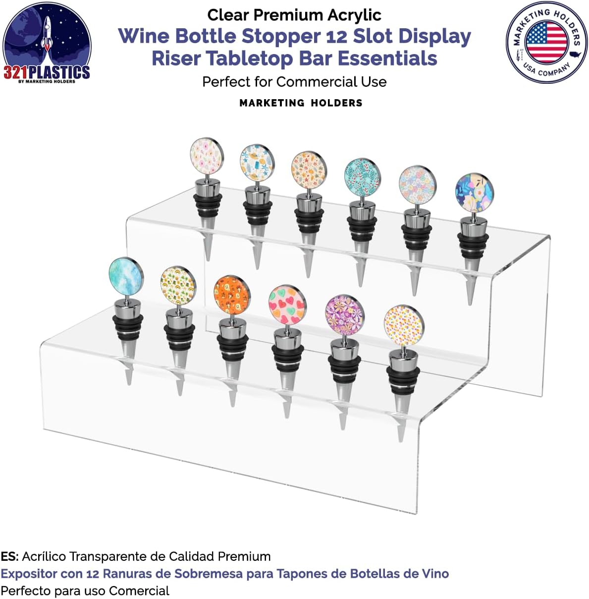 Marketing Holders Wine Bottle Topper Liquor Pourer Display Stand 12 Slot Rack .75 Inch Wide Holes Clear Acrylic 2 Tier Riser 11.75 Inch Wide by 4.75 Inch Deep Retail Countertop Showcase