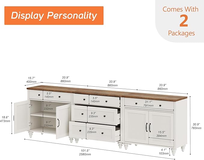 WAMPAT Farmhouse TV Stand for 100 Inch TV, 3-in-1 TV Console Table with 5 Dra...