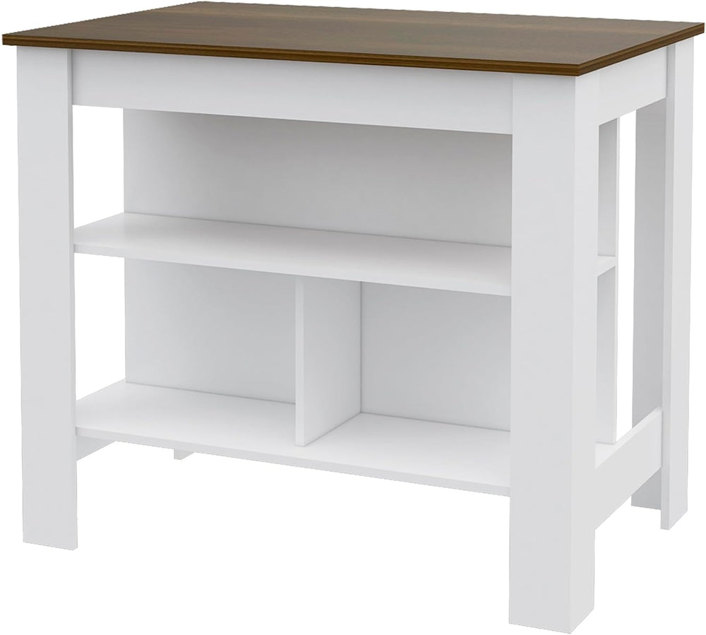 Kitchen Island with Four Legs and Three Shelves - White/Walnut | Three storag...