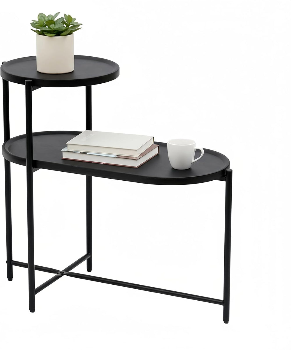 2 Tier Oval Side Table, Modern X-Leg End Table with Round Storage Tray, Black...