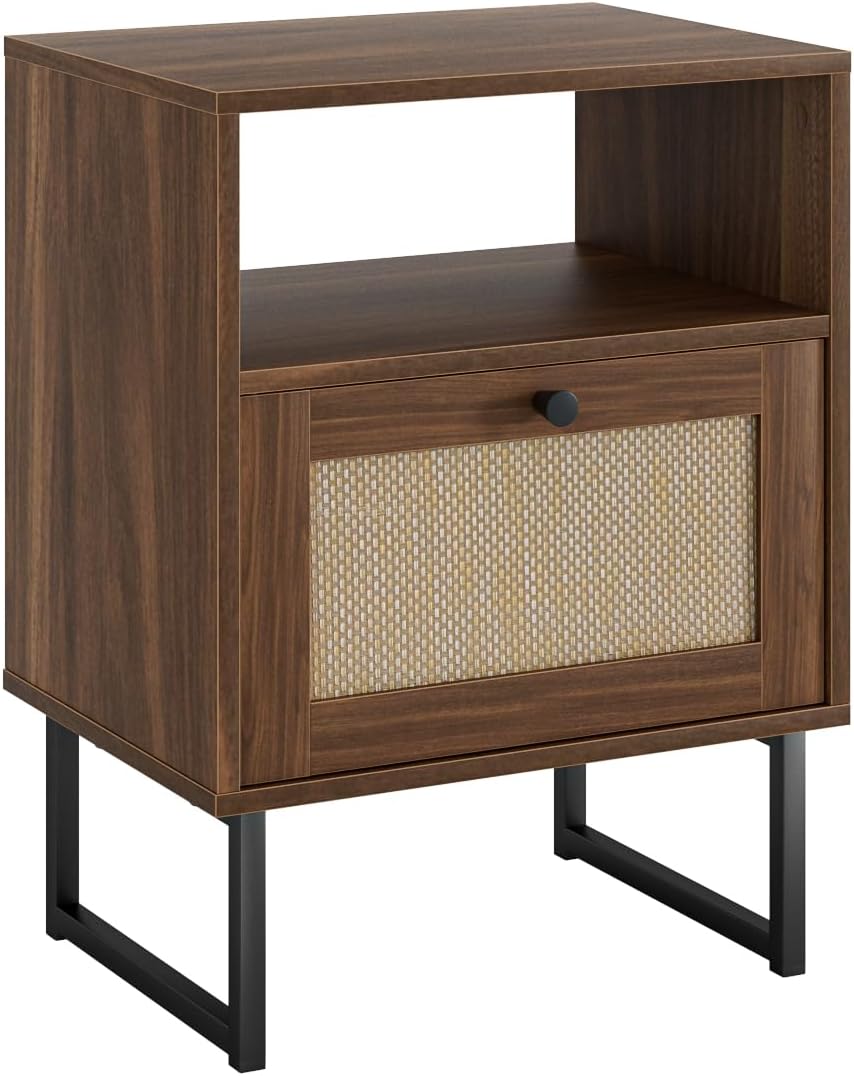Rattan Nightstand, Boho Night Stand Farmhouse Wood Bedside Table with Storage...