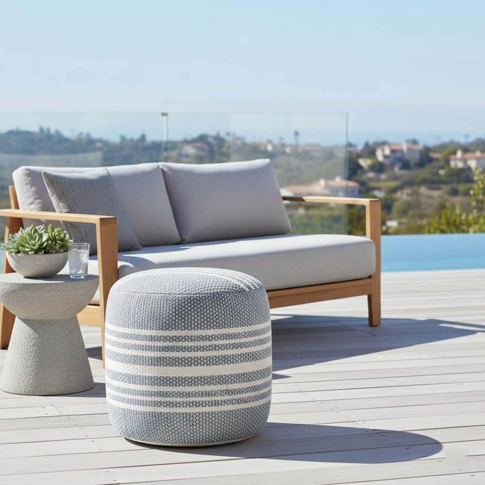 LR Home Simple Stripe Indoor Outdoor Pouf, Blue/White/Pink/Black, 20" x ...