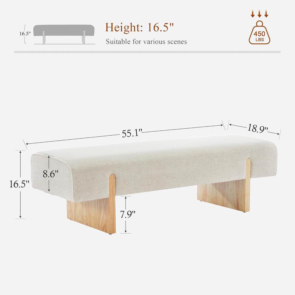55’’ Upholstered End of Bed Bench, Linen Entryway Bench with Solid Wood Legs,...