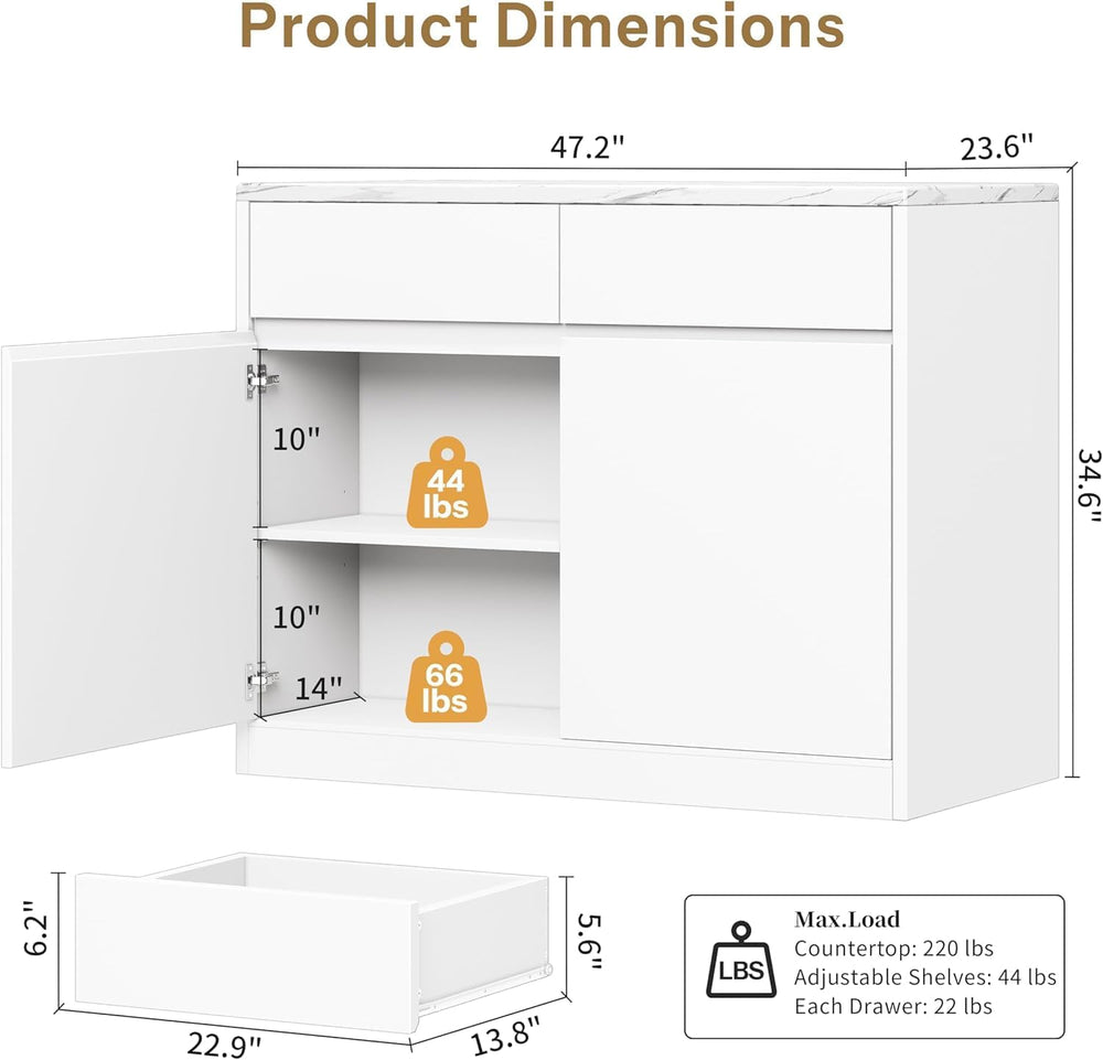 DynJest Kitchen Island with Storage, 47.2" Large Faux Marble Countertop ...