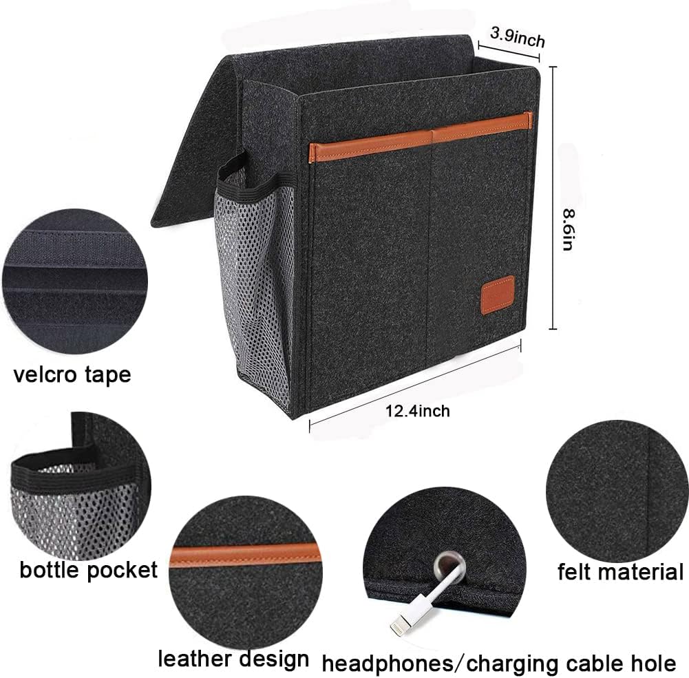 Bedside Caddy,Felt Bedside Storage Organizer, Hanging Storage for Dorm Bed Sofa for tablet Magazine Phone Remotes and Water Bottle Holder (Black)