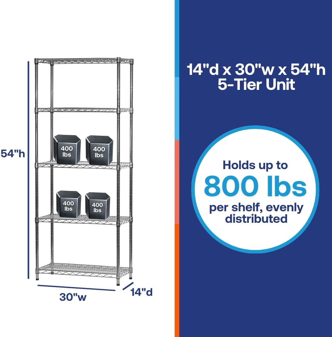 Shelving Inc. 14"d x 30" w x 54" h Chrome Wire Shelving with 5 Tier Shelves, Weight Capacity 800lbs Per Shelf