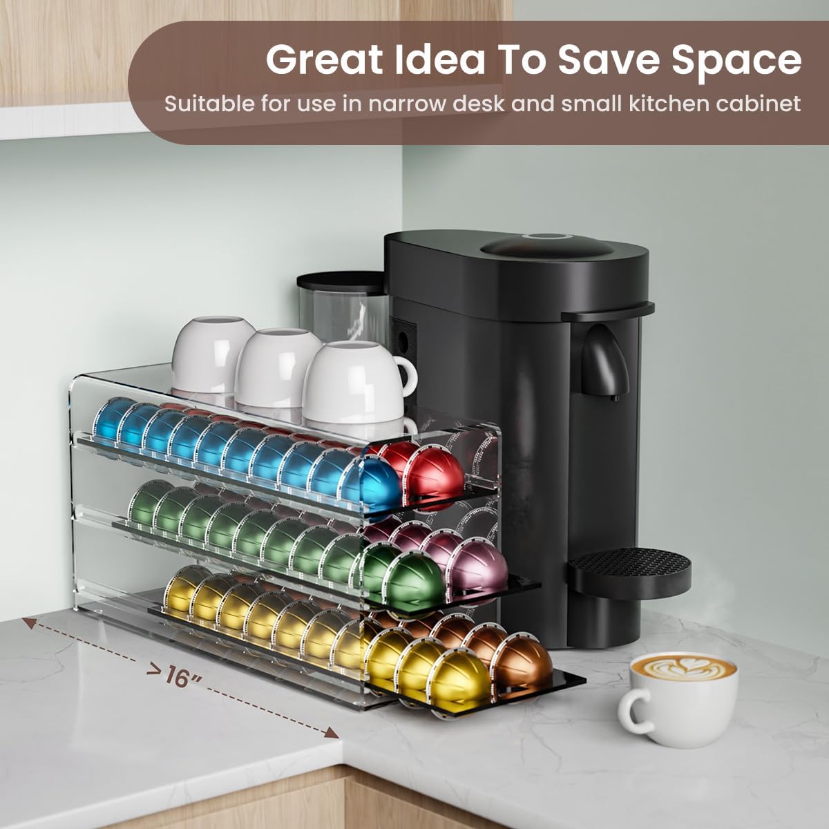 Acrylic Coffee Pod Drawer for Nespresso Vertuo Capsules, 3 Tier 60 Capacity Pods Organizer for Countertop Coffee Bar Home Office Kitchen