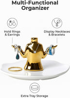 Gold Jewelry Holder with Tray – Ceramic Ring Dish, Earring Stand, Necklace & Bracelet Organizer – Decorative Trinket Dish Jewelry Organizer for Vanity, Dresser, or Nightstand