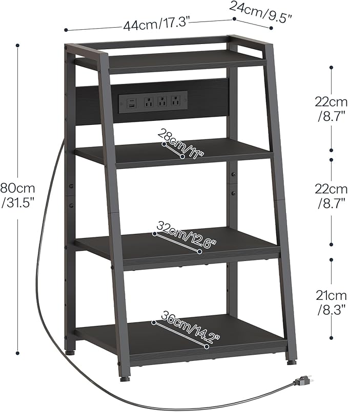 HOOBRO 4-Tier AV Media Stand with Charging Station and LED Light, Wooden Stereo Cabinet, Media Audio Tower Rack, Corner TV Stand, Record Player, Entertainment Device, Black BB106UDCJ01