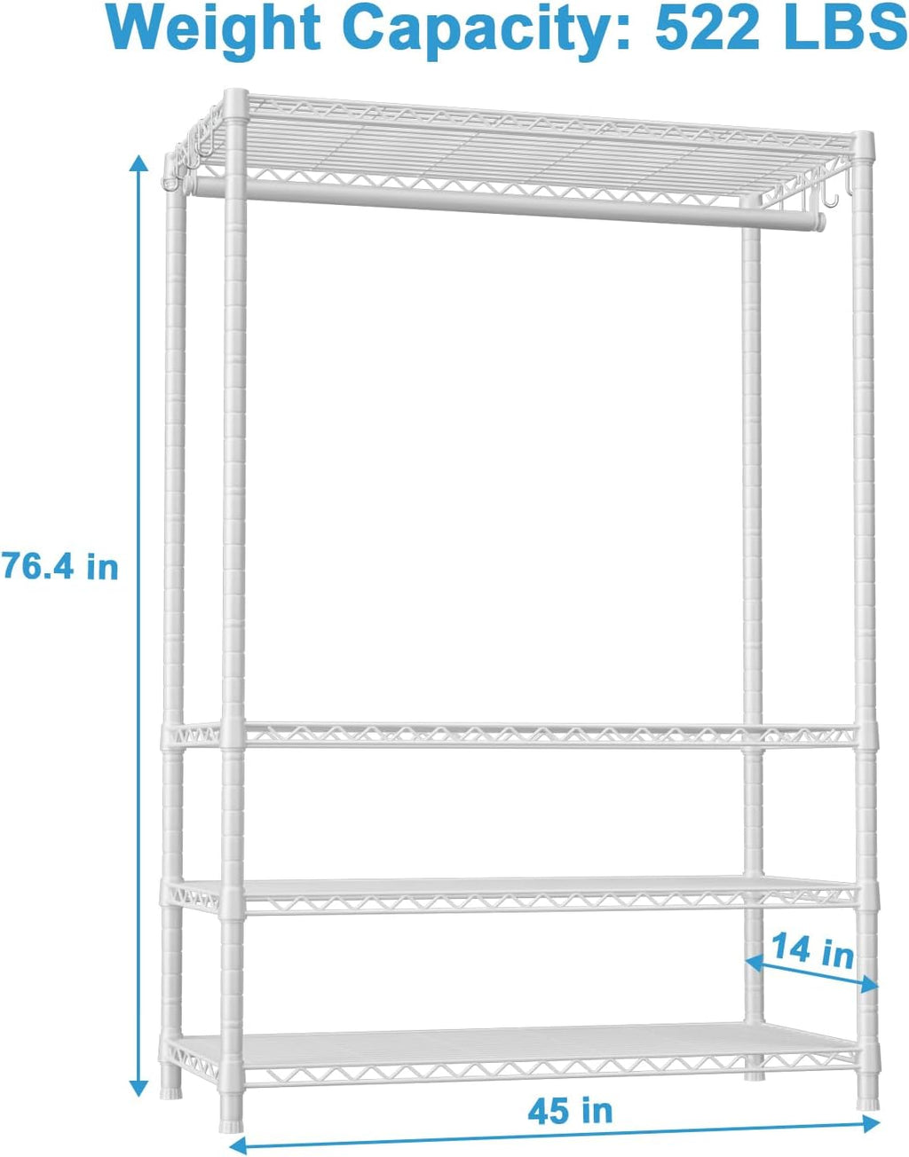 Ulif H4 Plus Garment Rack, 4-Tier Portable Clothes and Clothing Rack for Bedroom and Cloakroom, Closet Storage and Organizer Wardrobe System, 45" W x 14" D x 76.4" H, Load 522lbs, White