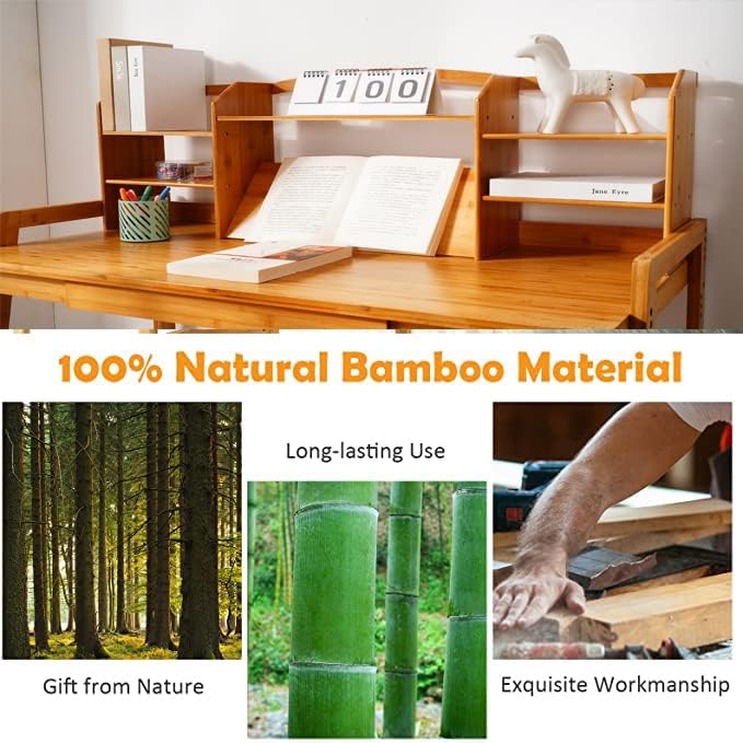 Kids Desk and Chair Set, Height Adjustable Bamboo Study Desk with Storage Hutch and Bookshelf, Wooden Writing Table for Toddlers and Kids, Easy-Clean Surface, Natural (02)