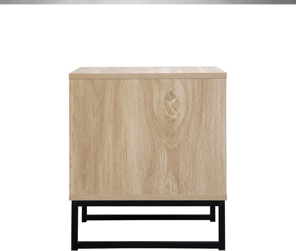 Birch Coastal Modern Side Table with Drawer Natural Wood Top with Black Metal...
