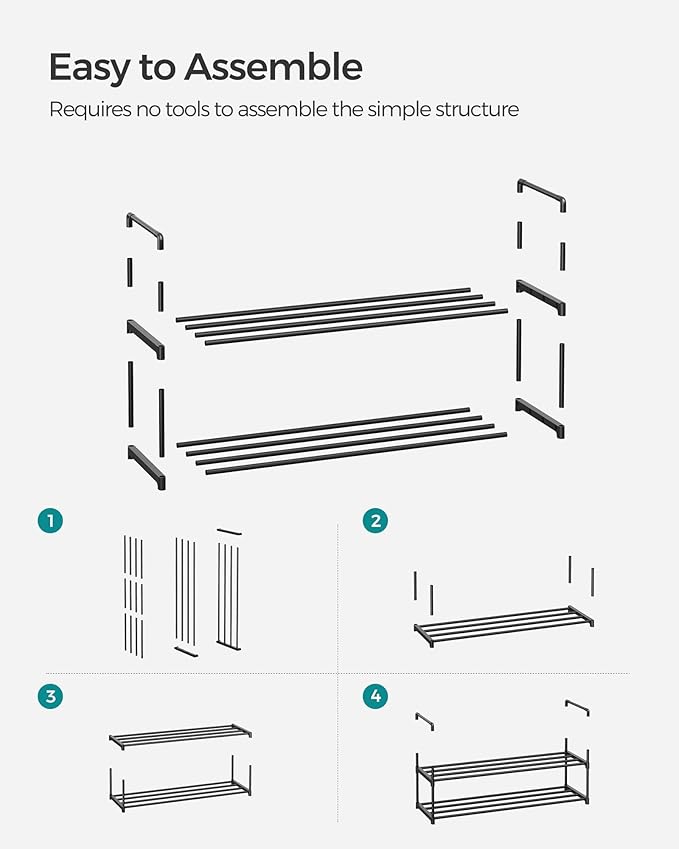 SONGMICS Shoe Rack, 2-Tier Shoe Organizer, Metal Storage Shelf, Upright or Upside Down, for 12-15 Pairs, Stackable, for Entryway, 11.8 x 36.2 x 13.4 Inches, Black ULSA12BK