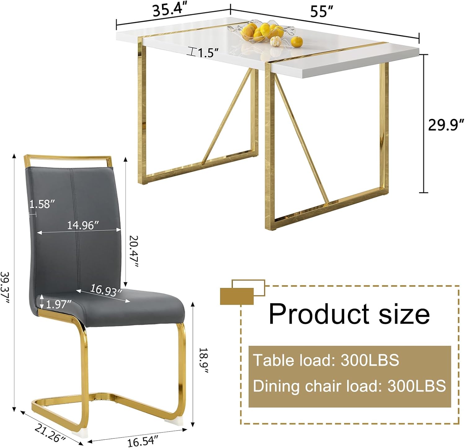 Ebullient 7-Piece White Dining Table Set for 6, Modern Gold Table & Chairs | 55" White MDF Table, 6 Padded Faux Leather Chairs, Gold Frames, 1.57" Thick Top, Reinforced Base, Easy-Clean, Easy Assembly