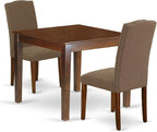 East West Furniture OXEN3-MAH-18 3 Piece Dining Room Table Set Contains a Square Wooden Table and 2 Dark Coffee Linen Fabric Upholstered Parson Chairs, 36x36 Inch, Mahogany