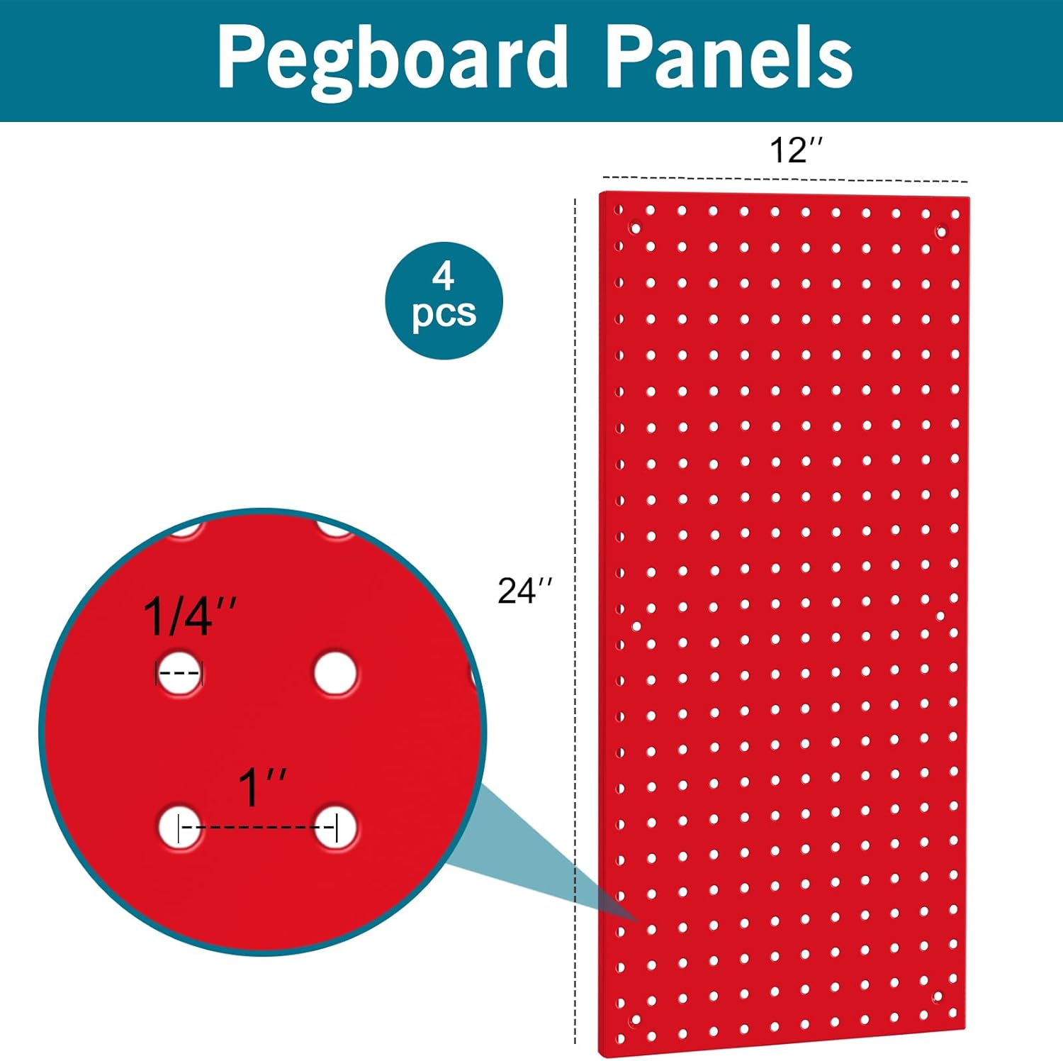 Peg Board,Pegboard Rack Garage Storage Steel Horizontal Peg Board Pack,Steel Pegboard Heavy Duty- 4 Pack 12-Inch X 24-Inch Metal Peg Board Tool Organization Panels (Red)