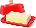 Flexzion Ceramic Red European Butter Dish with Lid for Countertop (7 Inch) - Wide 2 Stick Double Butter Holder for Counter, Cream Cheese Container Storage Keeper
