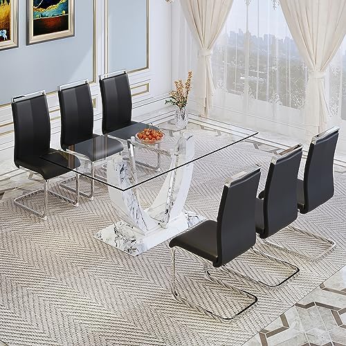 Modern Faux Marble Dining Table Set for 6, 63" Rectangular Kitchen Table...