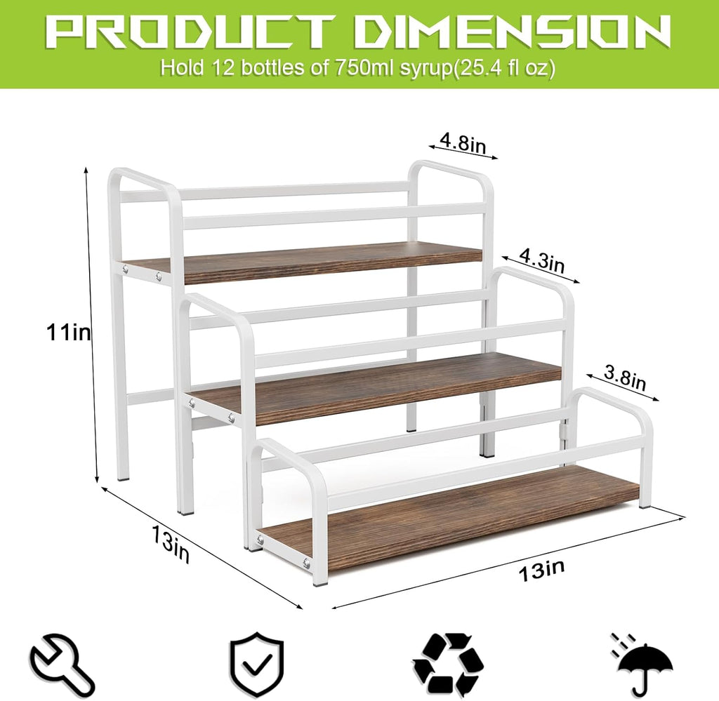 3-Tier Coffee Syrup Rack for Countertop, Large Capacity 12-Bottles Syrup Stand with Wood Shelf & Metal Frame for Coffee Bar, Premium White Coffee Organizer Station/Wine Rack for Kitchen Storage