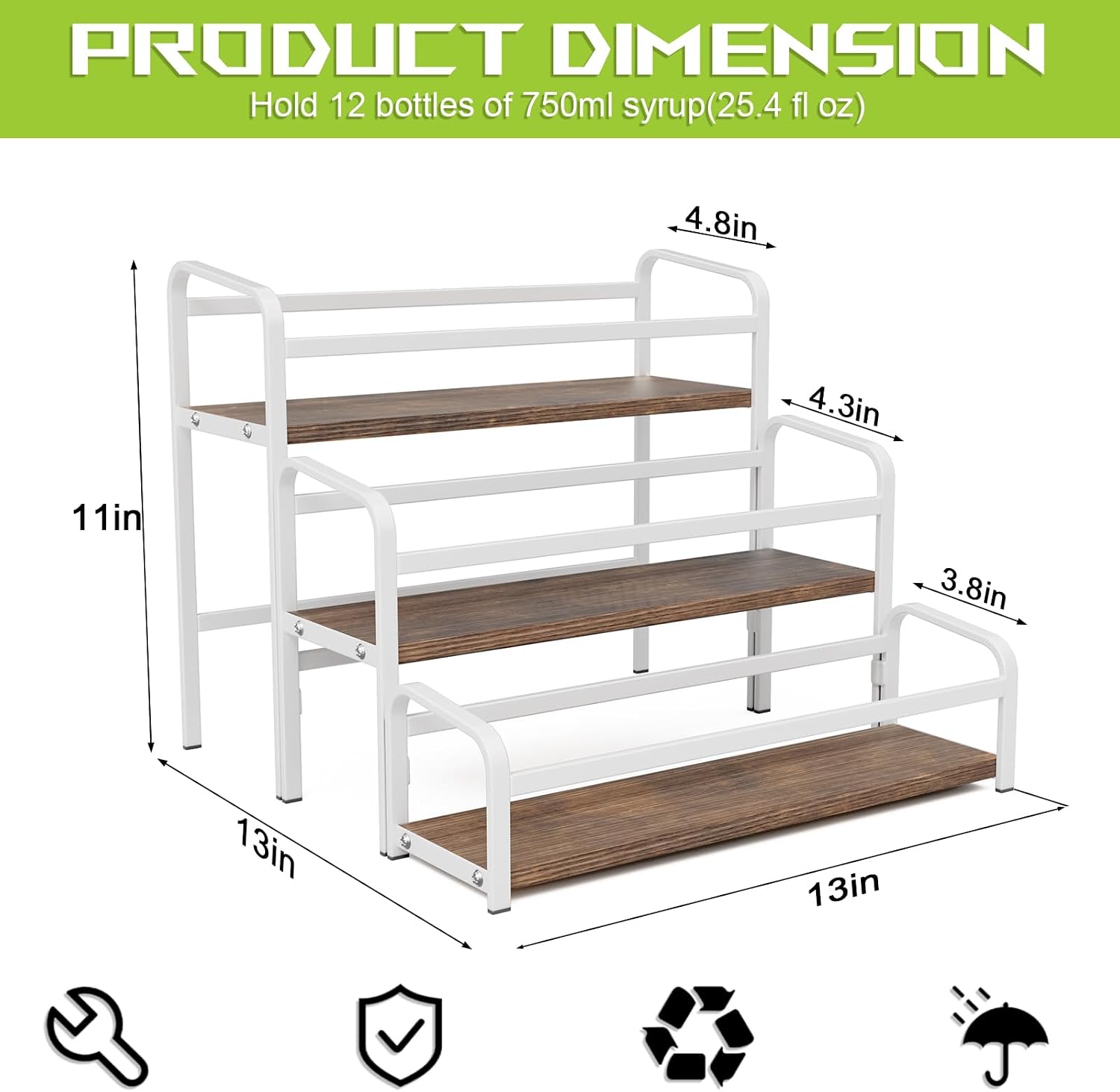 3-Tier Coffee Syrup Rack for Countertop, Large Capacity 12-Bottles Syrup Stand with Wood Shelf & Metal Frame for Coffee Bar, Premium White Coffee Organizer Station/Wine Rack for Kitchen Storage