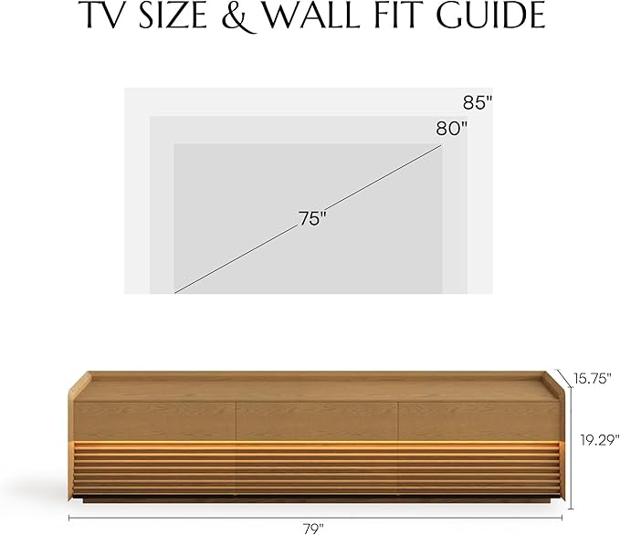 POVISON 79" Fully Assembled Mid Century Modern TV Stand with LED Lights, Media Console with 6 Drawers, Wood Slatted Entertainment Center, No Assembly Required, Fits 75-85 Inch TV