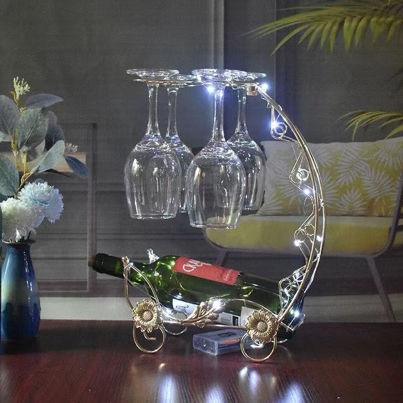 Wine Rack with Glass Holder, Countertop Bottle Stand, Gold Metal with Floral ...