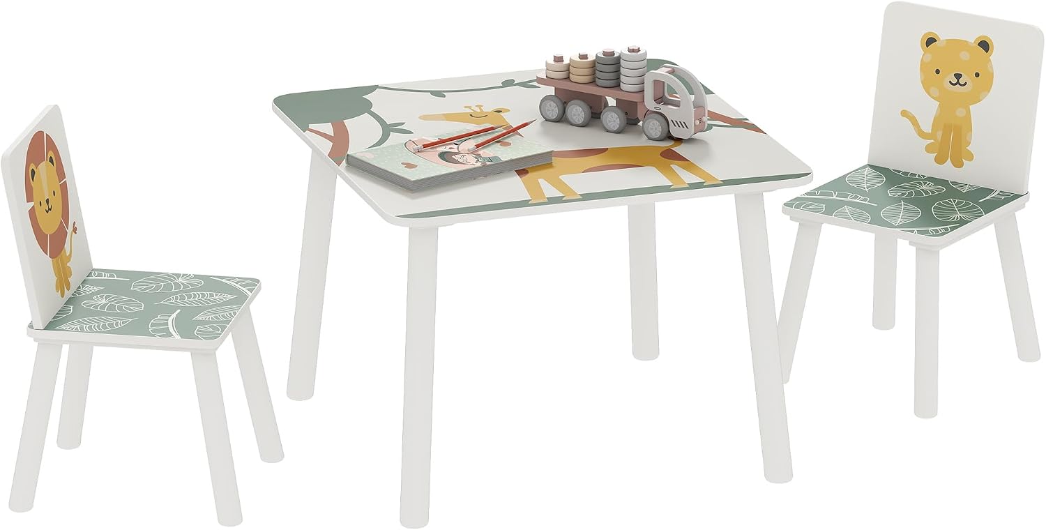 Qaba 3-Piece Toddler Table and Chair Set Animal Pattern Aged 3-8 Green | Kids Table and Chairs Set Furniture, Boys and Girls, Bedroom, Nursery, Playroom