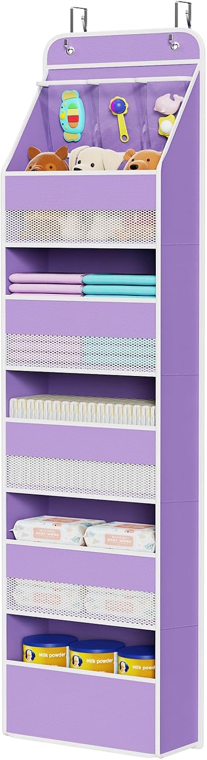 Univivi 6-Shelf Over Door Hanging Organizer Fabric Baby Door Storage with 5 Large Pockets and 3 Small PVC Pockets Wall Mount Hanging Storage Organizers for Baby Essential (Purple)