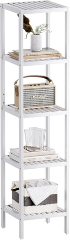 SMIBUY Bathroom Storage Shelf, 5-Tier Bamboo Rack Organizer, Multifunctional Shelving Unit for Living Room Bedroom Kitchen (White)