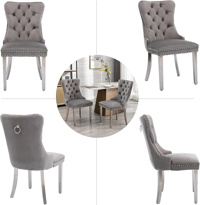 Velvet Dining Chairs Set of 2, Upholstered Dining Room Chairs with Back Ring Pull Trim and Sliver Stainless Steel Legs,Tufted Wingback Chair Perfect for Dining Room,Kitchen(Grey)