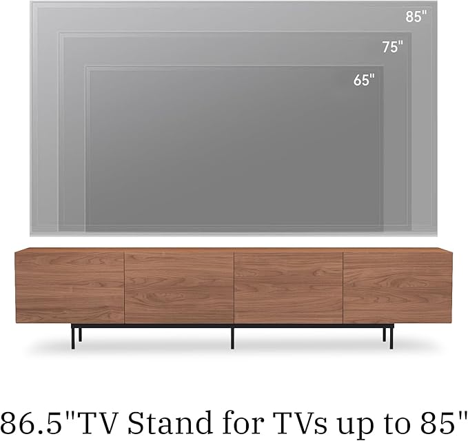 Mid Century Modern TV Stand – 86.6" Walnut Console for 65–85 Inch TVs, 4 Cabinet Doors with 6 Storage Compartments & Cable Management, Stylish Living Room Media Center(Walnut, 86.6")