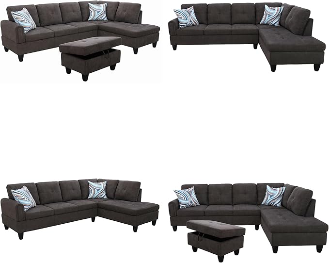 Sectional Couches for Living Room with Movable Chaise & Storage Ottoman - 97.5" Linen L Shaped Couches for Living Room Apartment, 4 Seat Home Furniture Modular Sectional Sofas, Dark Brown