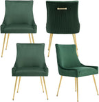 Velvet Dining Chairs Set of 4, Modern Upholstered Kitchen Chair with Pull Handle & Pleated Back, Mid Century Accent Chair with Gold Metal Legs for Vanity,Dining,Kitchen,Living Room, Green