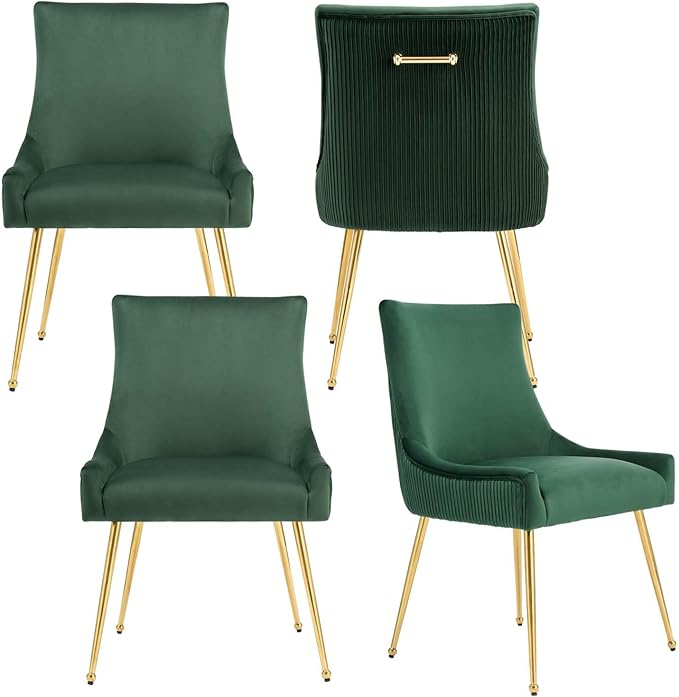Velvet Dining Chairs Set of 4, Modern Upholstered Kitchen Chair with Pull Handle & Pleated Back, Mid Century Accent Chair with Gold Metal Legs for Vanity,Dining,Kitchen,Living Room, Green