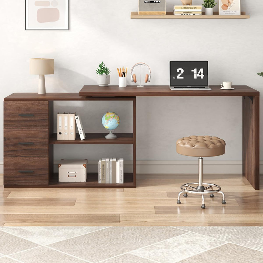 HSH Walnut L Shaped Desk Corner Desk with 3 Storage Drawers 55 inch