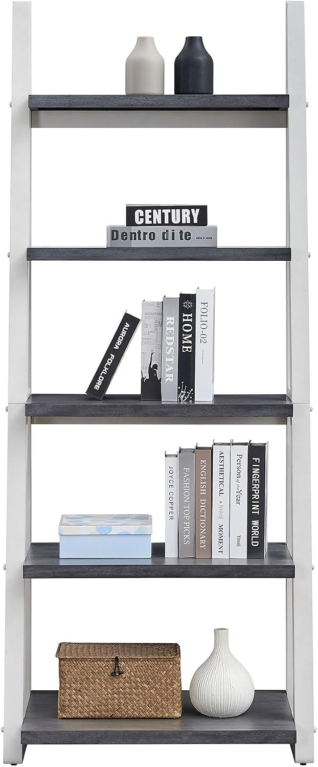 roomfitters 5-Tier Shelves, Modern A-Frame Ladder Bookshelf, Wooden Leaning Decorative Storage Display Rack, Grey and White