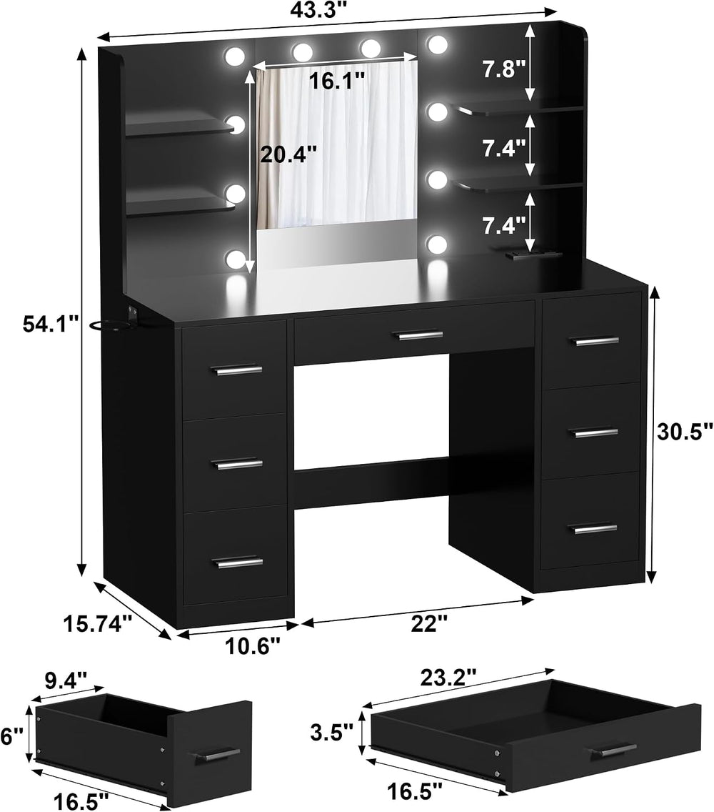 Makeup Vanity Desk with Mirror and 10 Lights, Table with 7 Drawers and 4 Open...