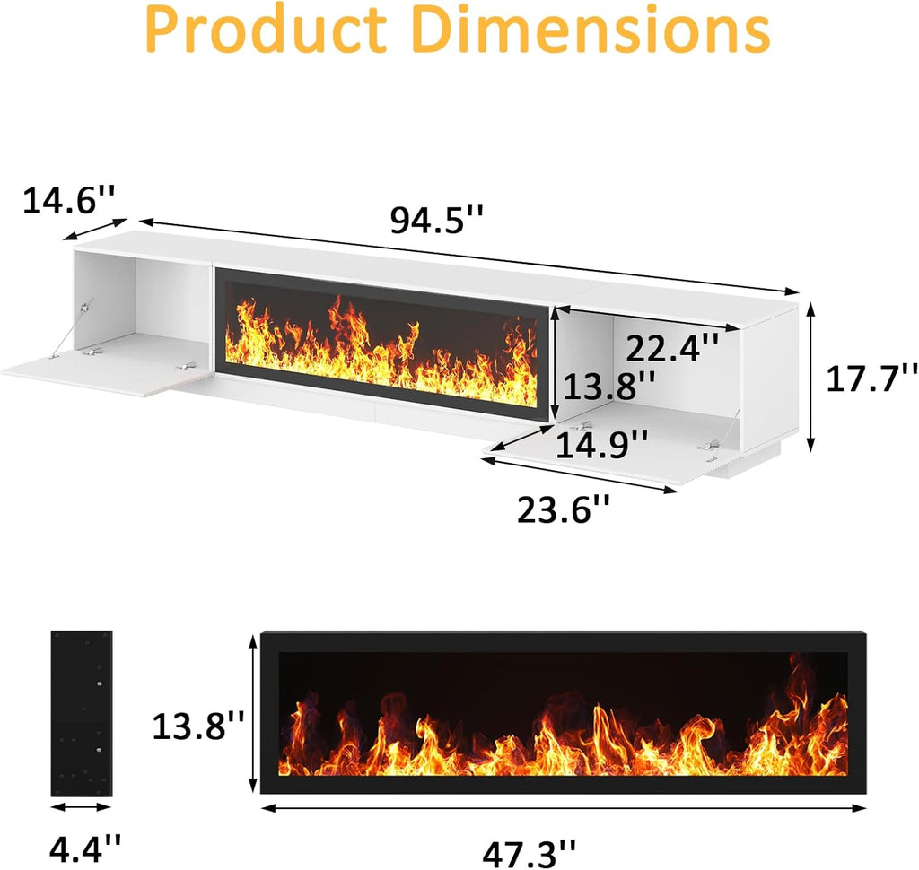 94.5" Fireplace TV Stand, Fluted TV Stands for Living Room, White | Entertainment Center with Unheated Electric Fireplace, 5 Flame Brightness & 12 Colors, Modern TV Consoles for Living Room
