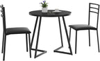 VECELO Small Round Kitchen Table with 2 Upholstered Chairs, 3-Piece Wood Dinette Sets with Steel Frame for Breakfast Nook, Dining Room, and Small Space, Wood-Grain Black